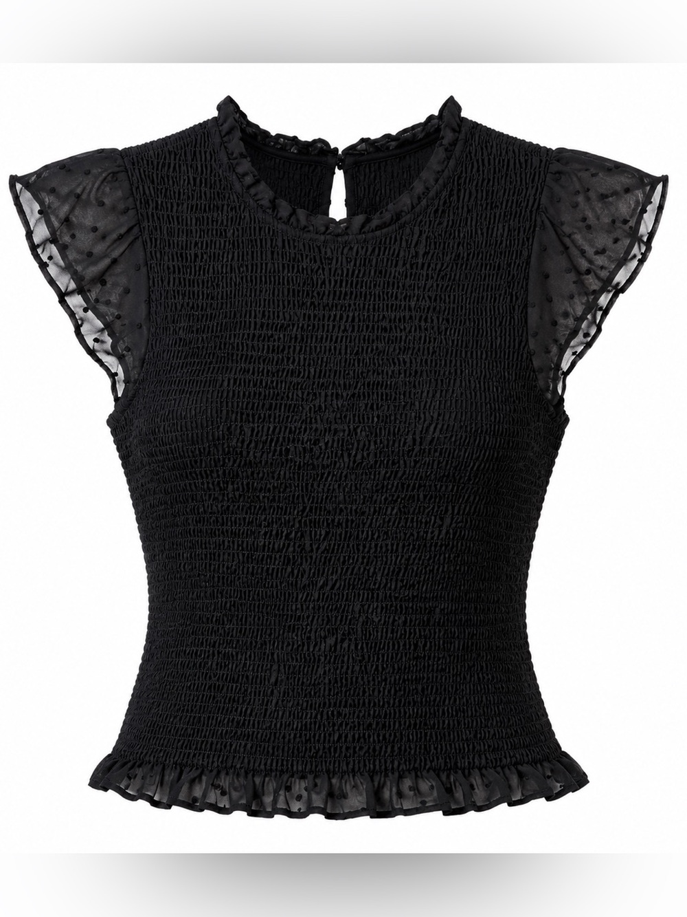 Adrianna Papell Black Smocked Swiss Dot Flutter Sleeve Blouse M